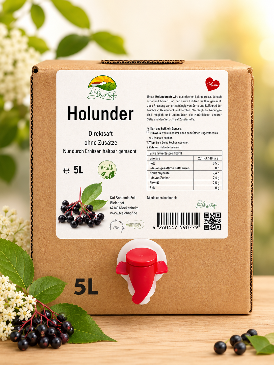 BLEICHHOF® Holundersaft - Direktsaft, vegan, Bag-in-Box (1x5l)