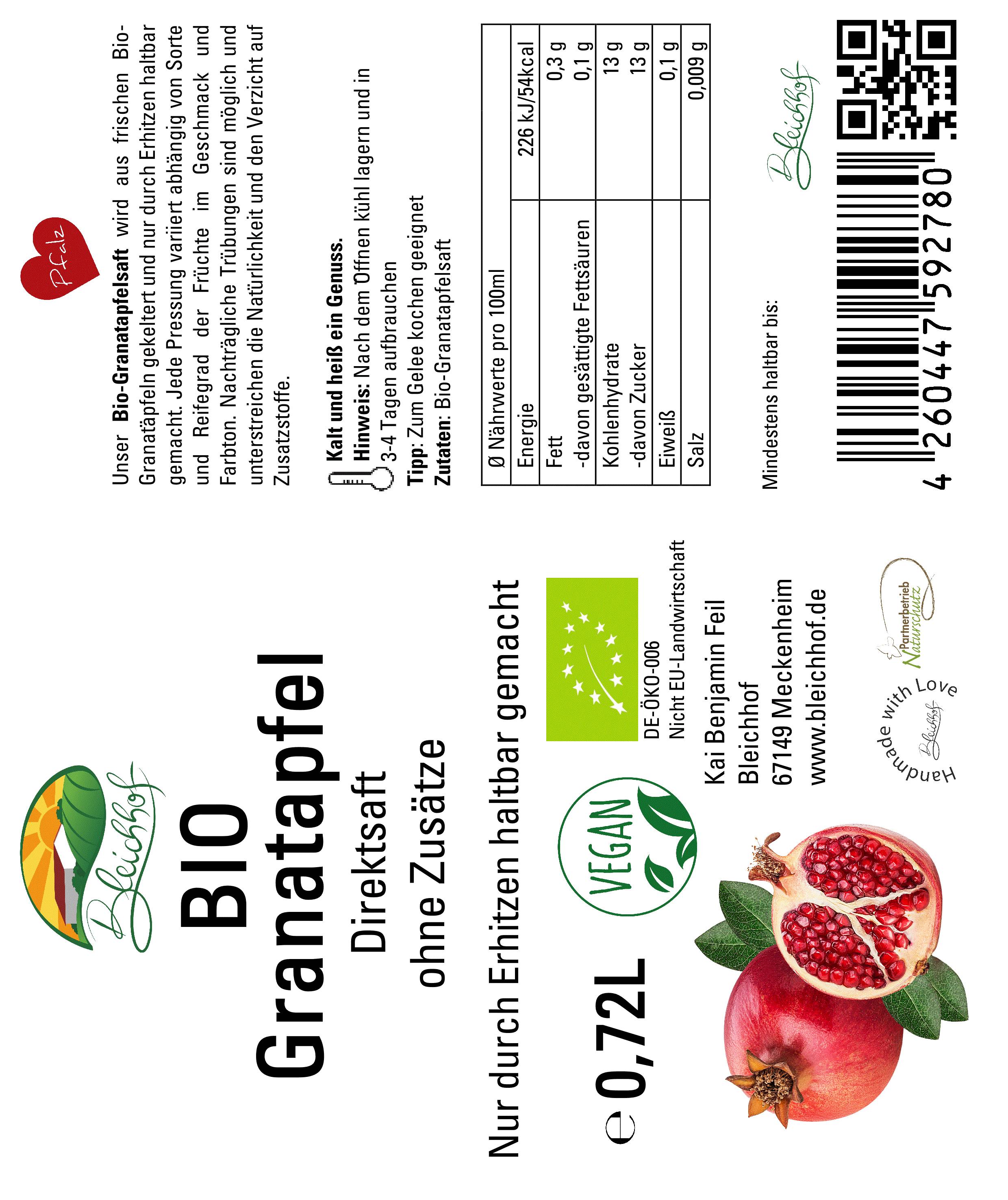 BLEICHHOF® pomegranate juice - direct juice, vegan (1x0,72L)