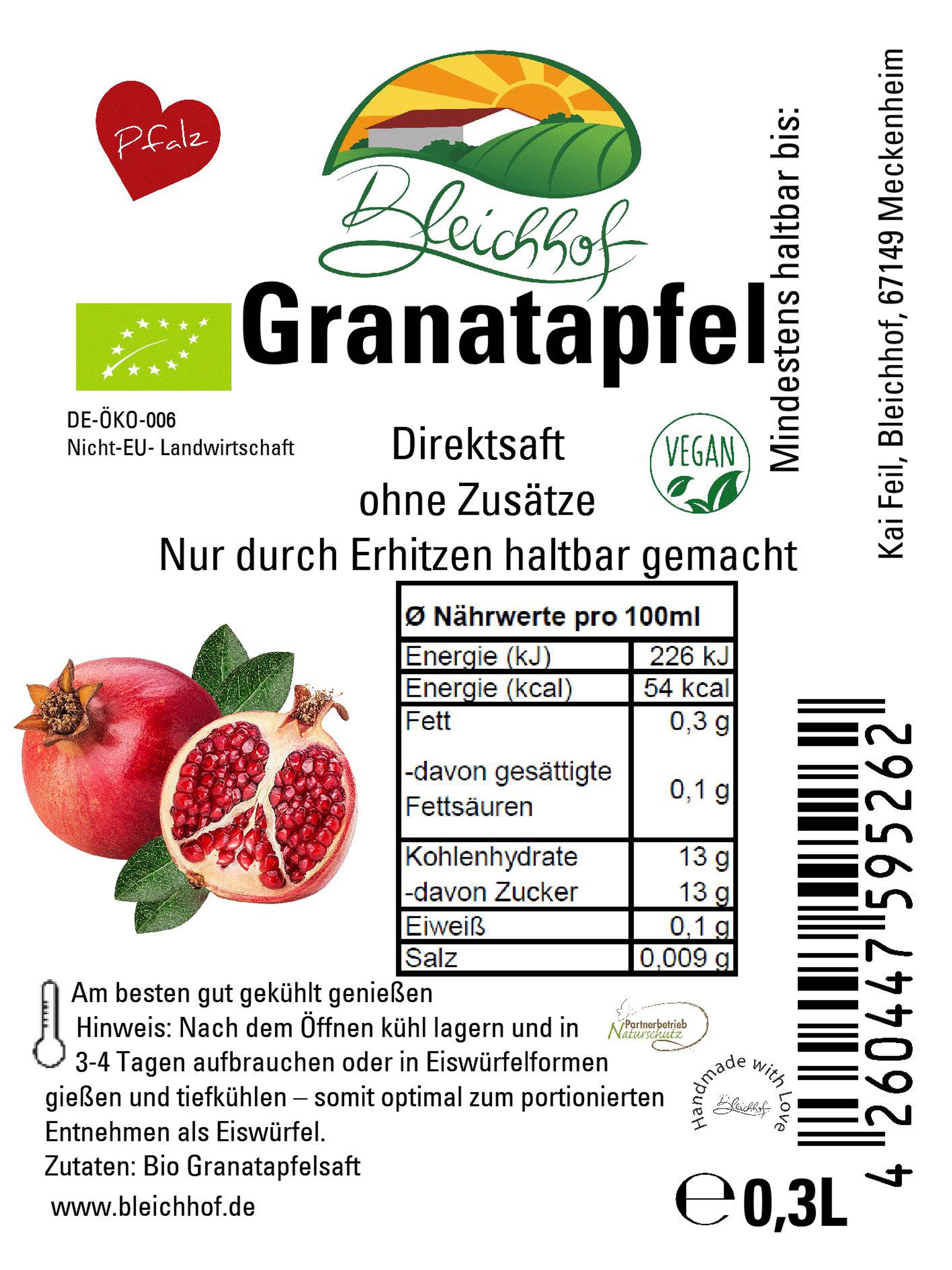 BLEICHHOF® Bio Granatapfelsaft DE-ÖKO-006 - Direktsaft, vegan (6x0,3l)