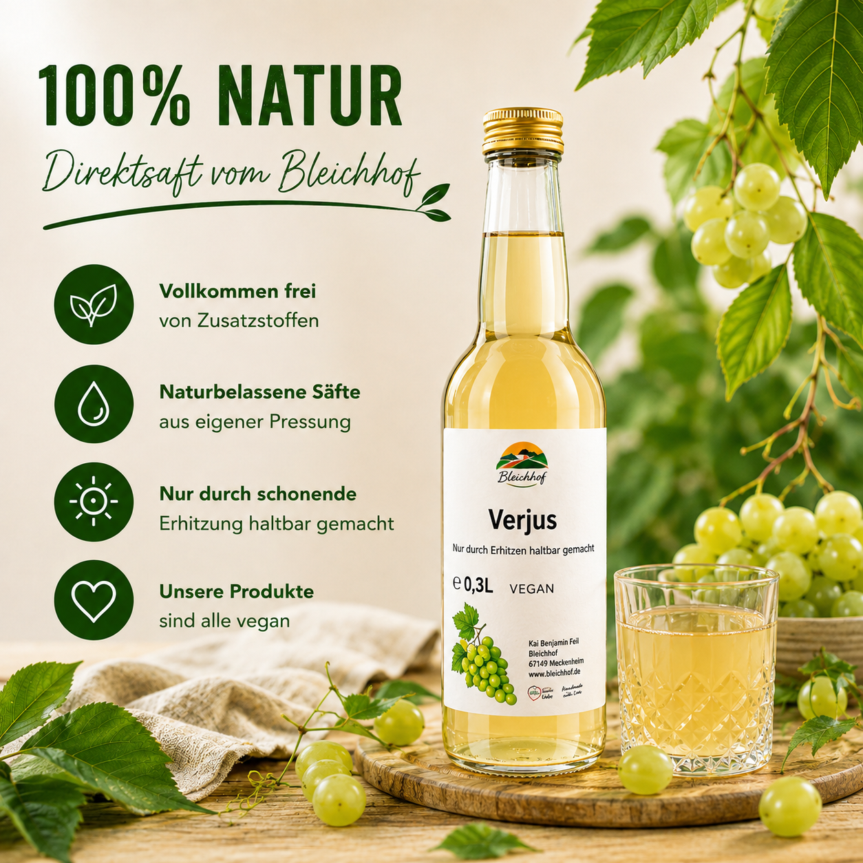 BLEICHHOF®  Verjus - aus unreifen Trauben Direktsaft, vegan (1x0,3l)