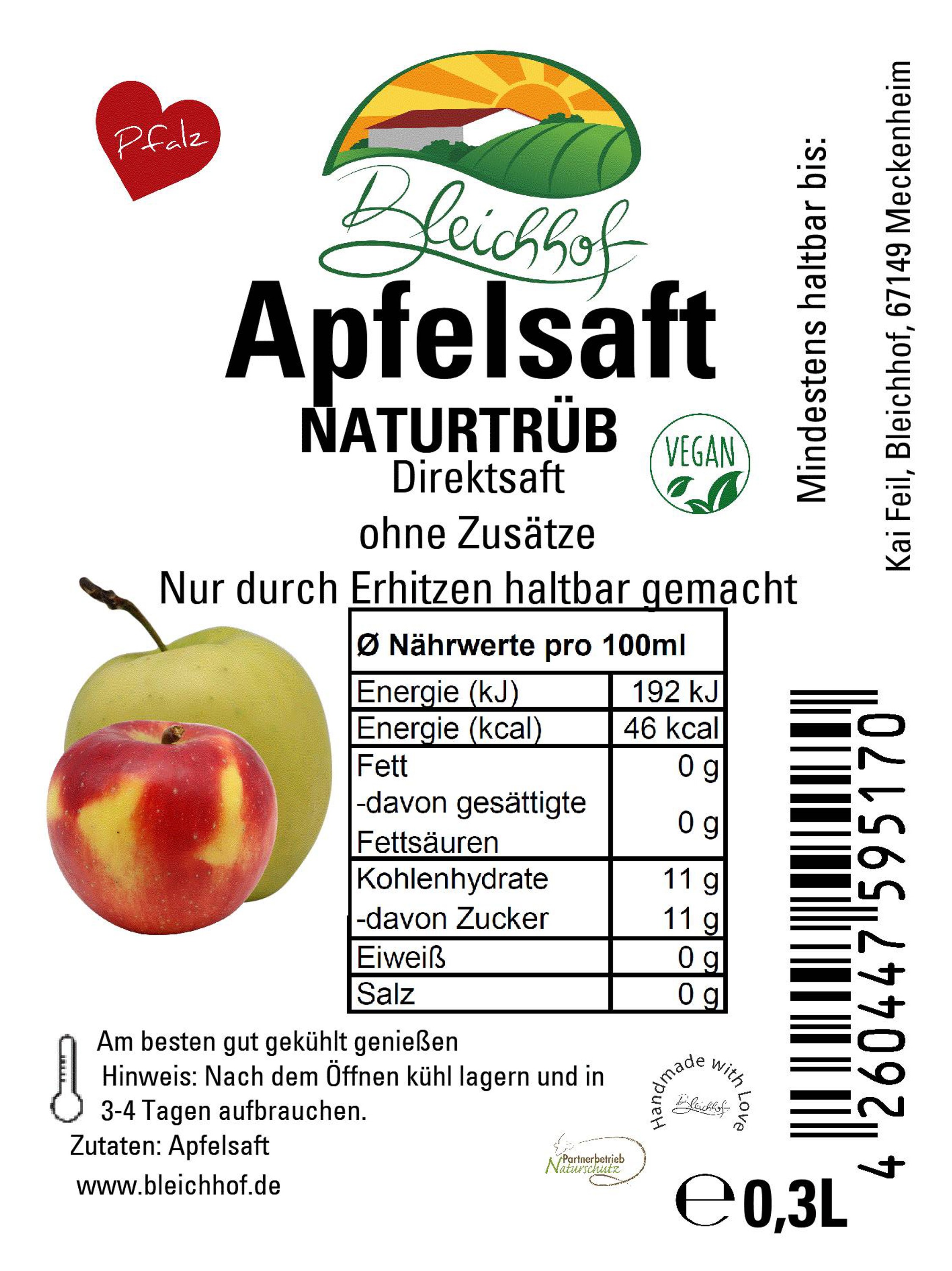 BLEICHHOF® Apfelsaft naturtrüb - Direktsaft, vegan (1x0,3l)