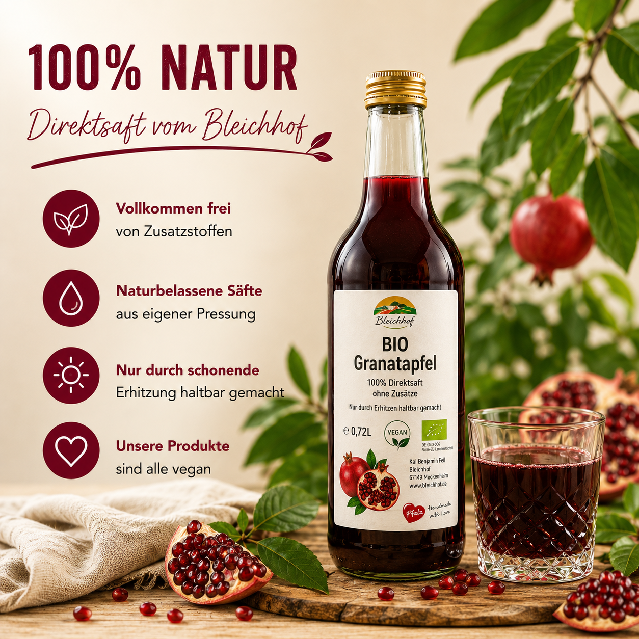 BLEICHHOF® pomegranate juice - direct juice, vegan (1x0,72L)