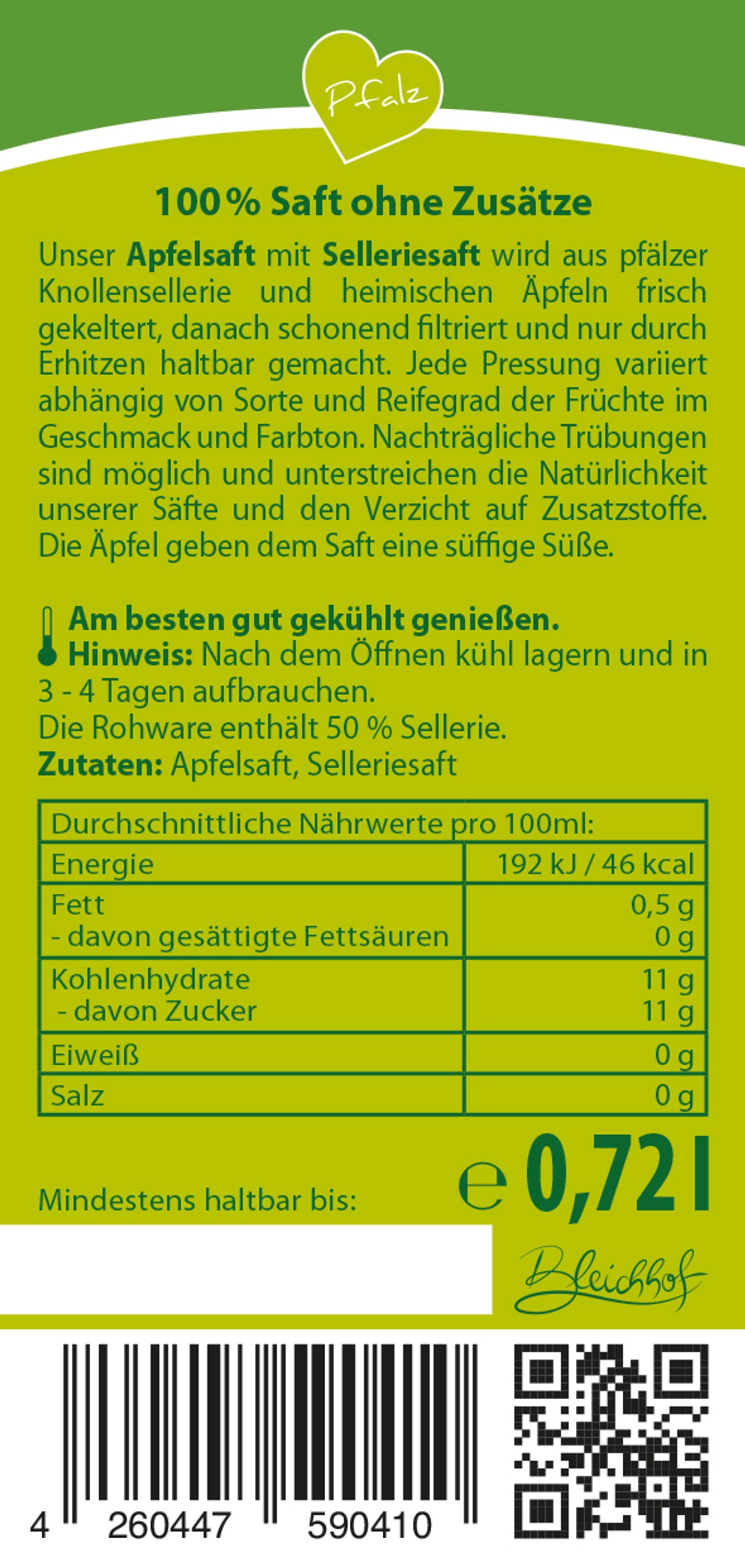 Bleichhof apple juice with celery juice - 100% direct juice, vegan, WITHOUT added sugar, 6 pack (6x 0,72l)
