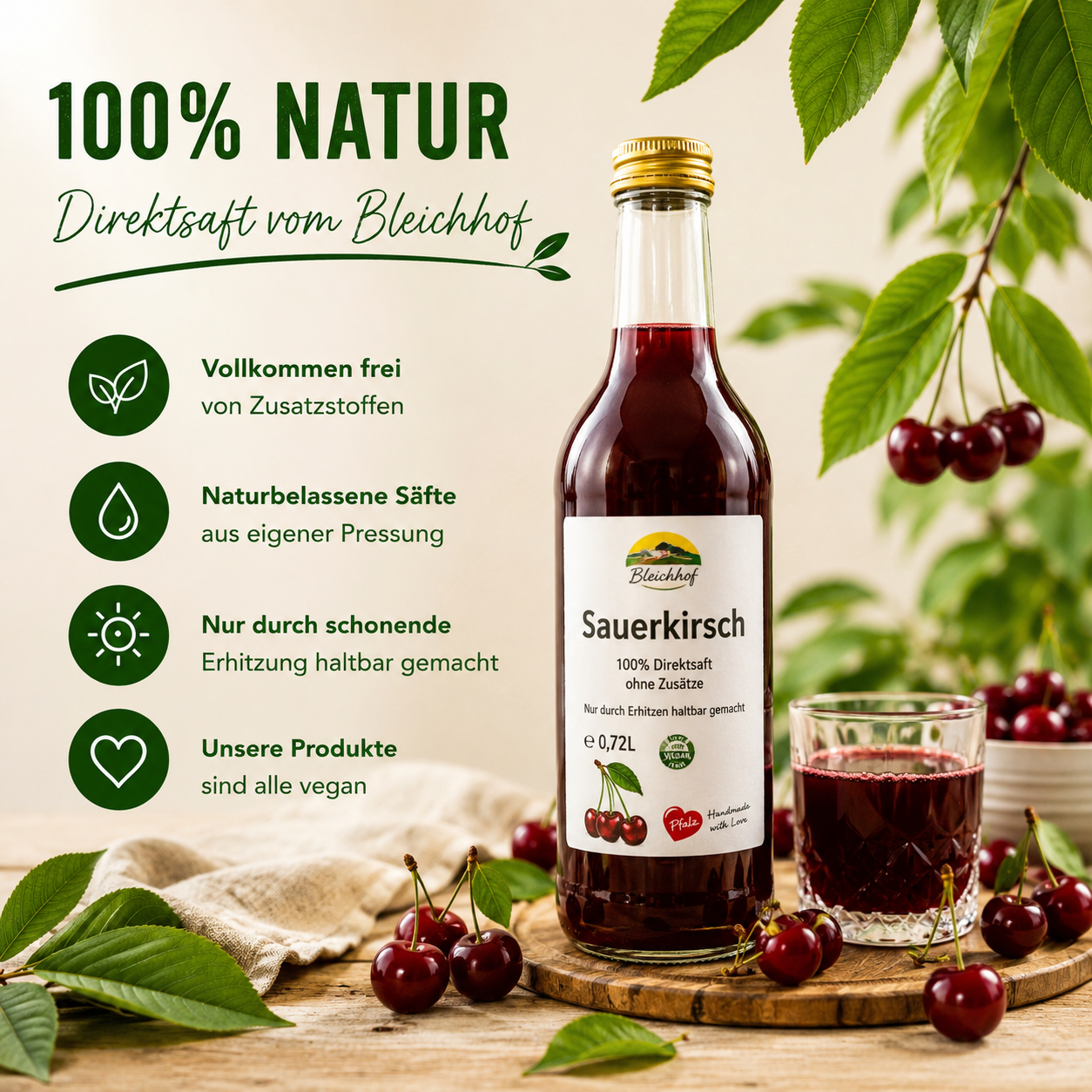 BLEICHHOF®  Sauerkirschsaft - Direktsaft, vegan (3x0,72l)