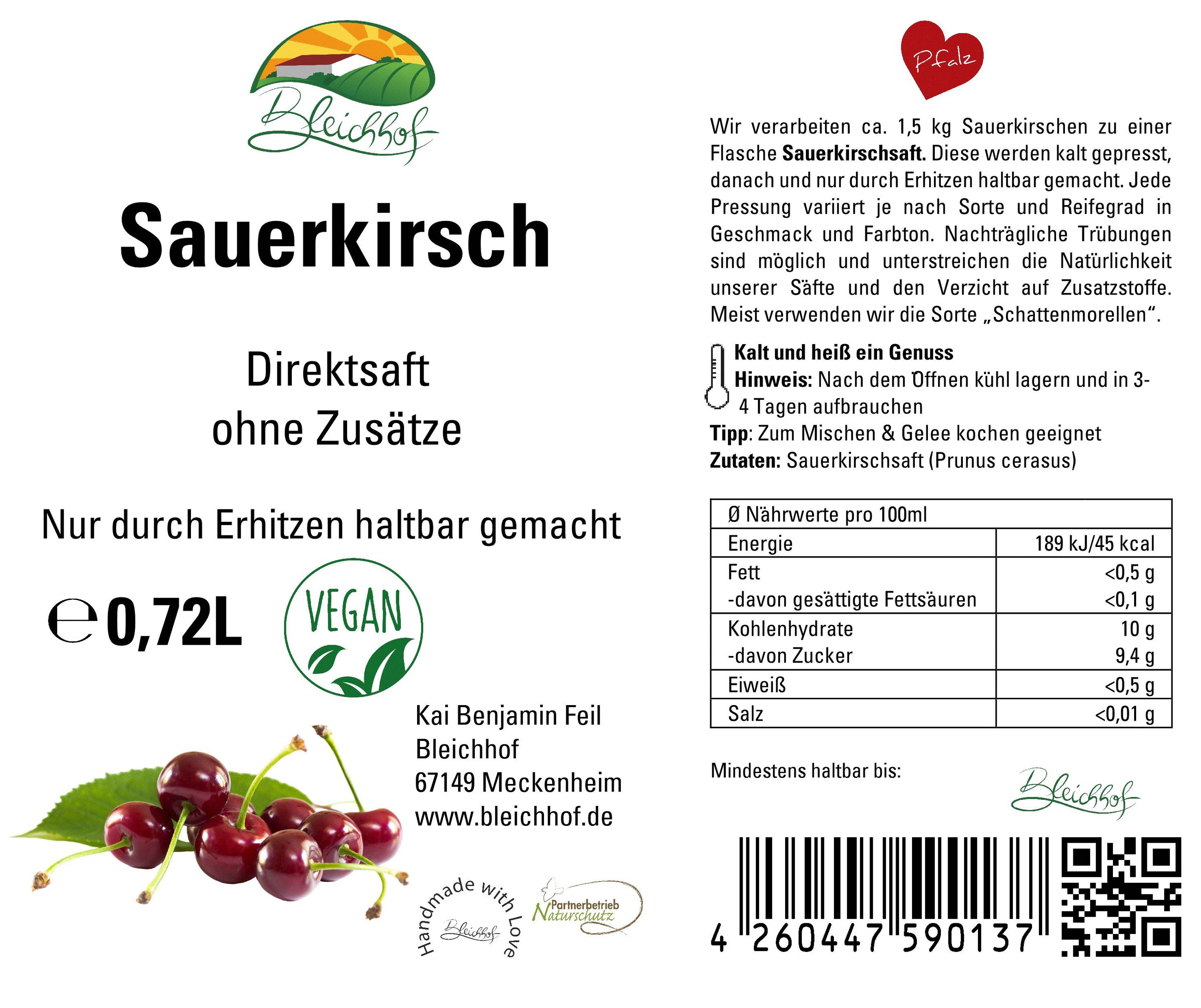 BLEICHHOF®  Sauerkirschsaft - Direktsaft, vegan (3x0,72l)