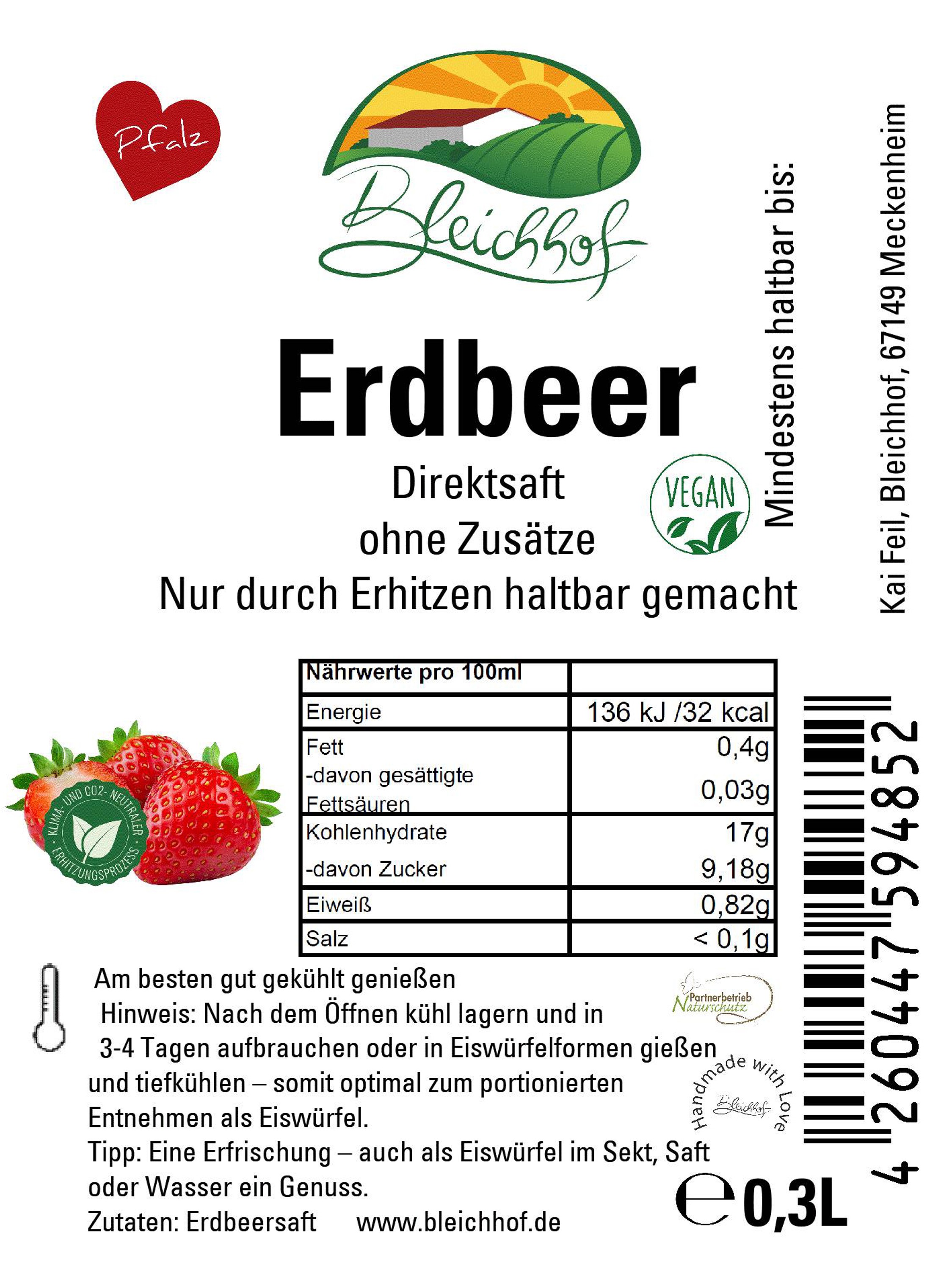 BLEICHHOF® Erdbeersaft - Direktsaft, vegan (6x0,3l)