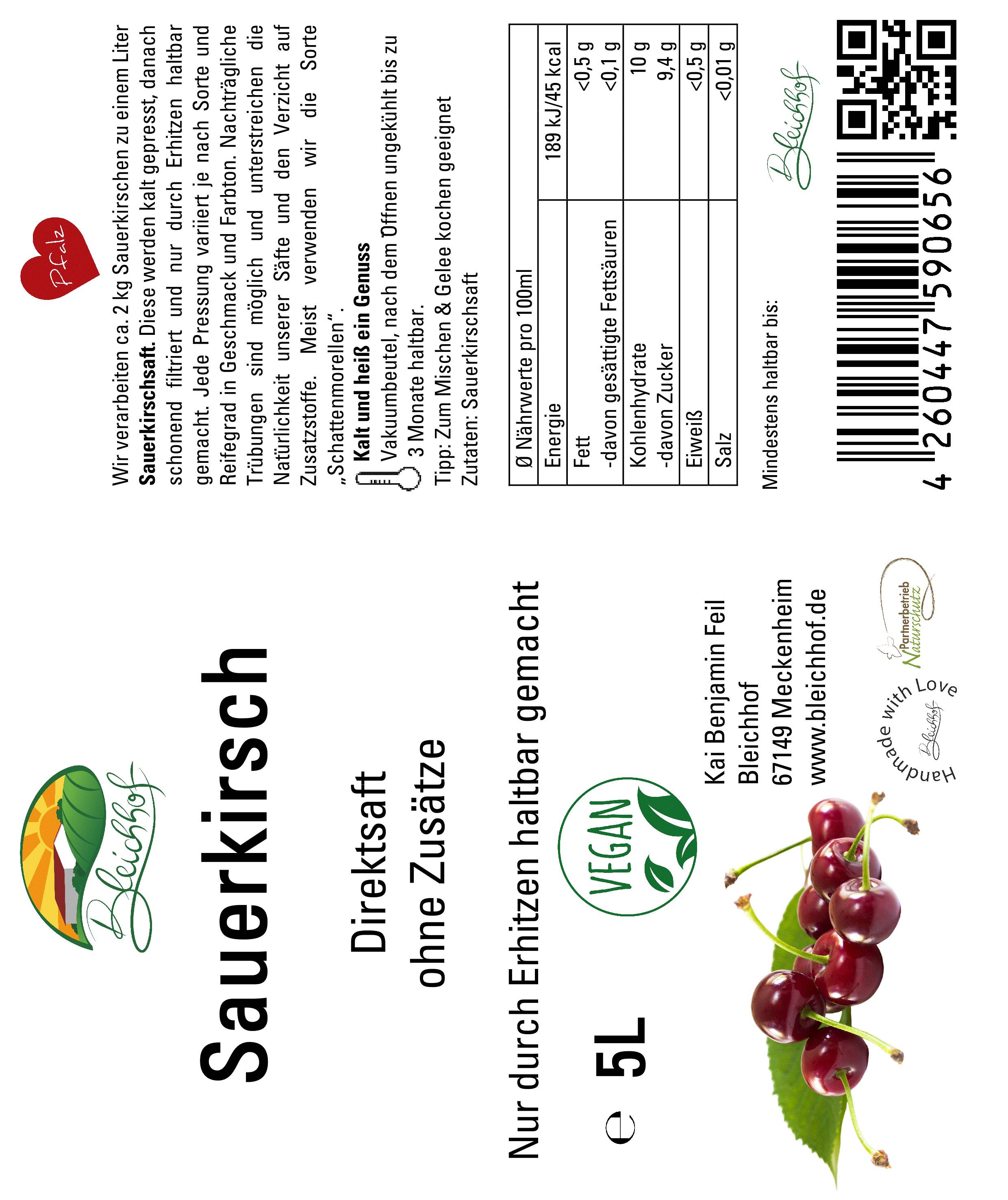 BLEICHHOF® Sauerkirschsaft - Direktsaft, vegan, Bag-in-Box (1x5l)