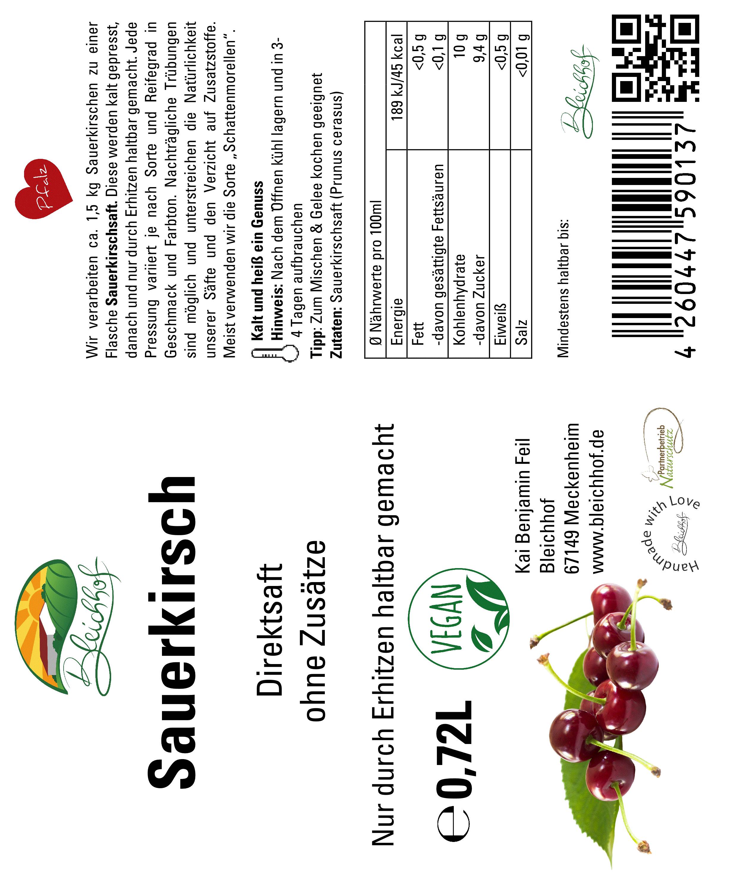 BLEICHHOF®  Sauerkirschsaft - Direktsaft, vegan (3x0,72l)