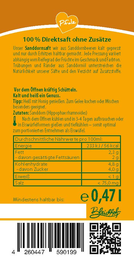 BLEICHHOF® Bio Sanddornsaft DE-ÖKO-006 - Direktsaft, vegan (8x0,47l)
